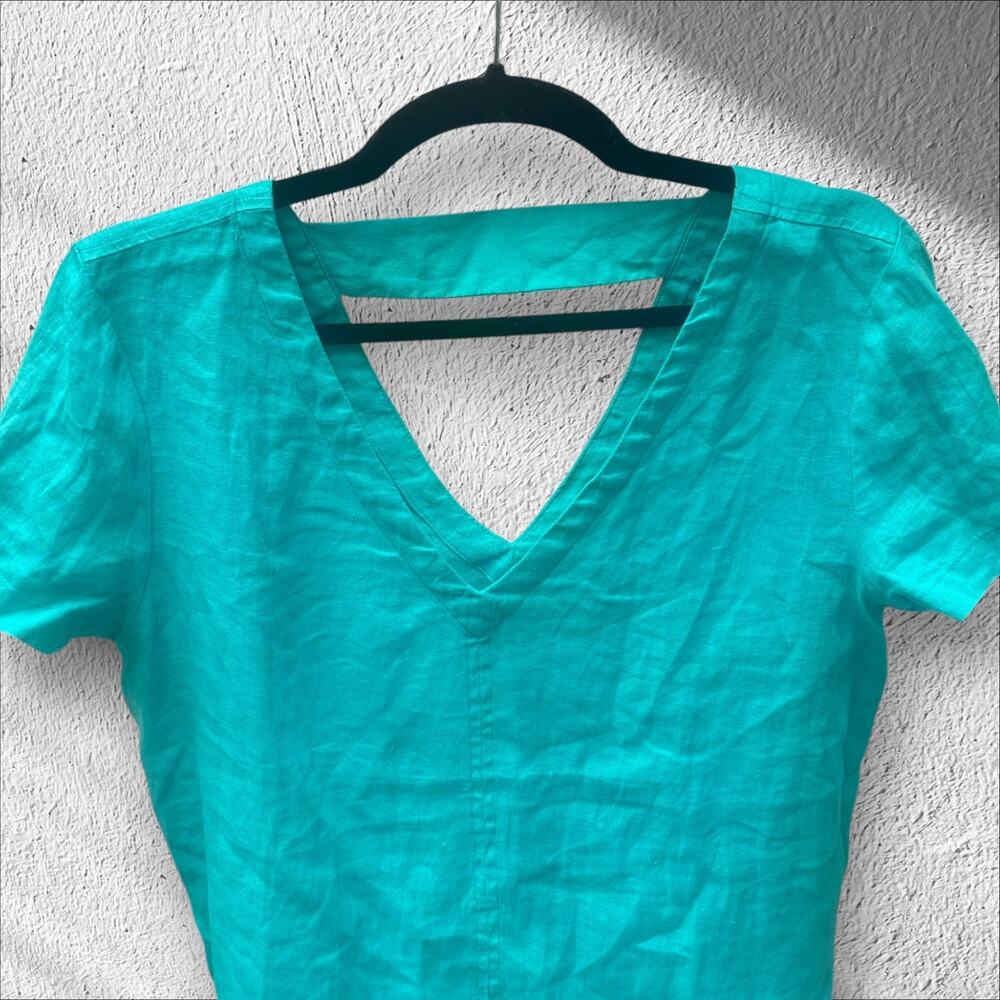 C&C Linen Short Sleeve Shirt Top Blouse M Blue Light Airy Peekaboo Back - Picture 3 of 9